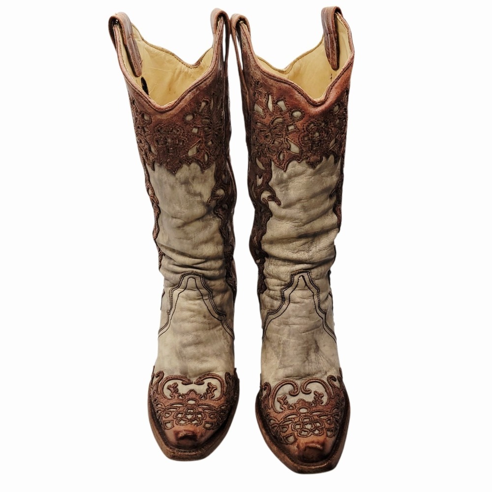 Corral Women's 7.5M Western Cowboy Boots Cream Brown Leather Cutout Floral 2665